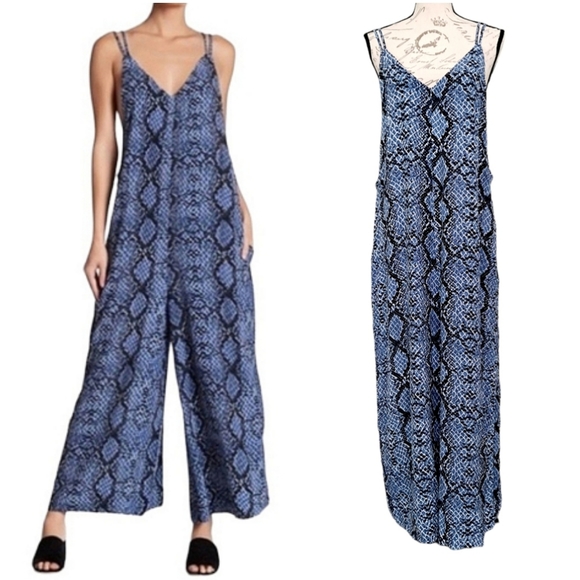 Free People Pants - Free People women's blue snake print oversized pockets wide leg jumpsuit